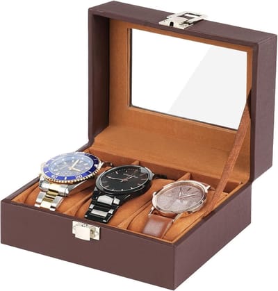 Elegante Horloge Doos met 3 Slots, Glazen Deksel en PU Leer voor Horloge- en Sieradenopslag, Inclusief Verwijderbare Kussens voor Armbanden en Bangles (Bruin)