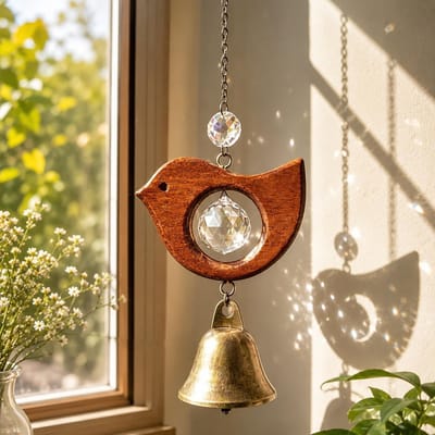 Namajunas - Houten vogelzonvanger - Windbel met ophangkoord - Bronzen windbel met beukenhouten en kristallen belletjes - Hangende decoratie voor tuin en raam - Tuin decoratie - Het ideal cadeau voor vrienden - 1 stuk
