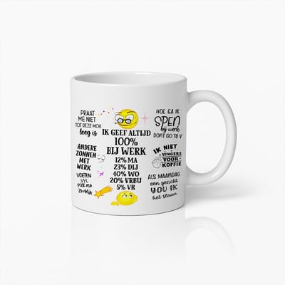 Grappige Werk Mok – 100% Inzet op het Werk, Humor Koffiebeker met Quotes & Emoji’s – Perfect Cadeau voor Collega’s & Kantoor