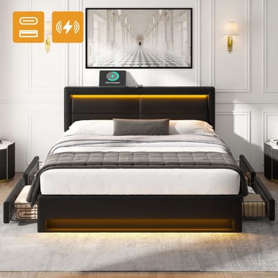 SINGULARITY-Gestoffeerd bed 140 x 200 cm- met USB-aansluiting- met LED-verlichting en vier lades- zonder matras- PU-lychee-patroon- grijs