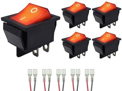 ProRide Wipschakelaar ON-OFF KCD4-202 - met Aansluitkabels - 2 Polig - 250V/16A - 30x22mm - Rood met lampje - 5 stuks