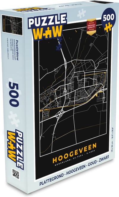 Puzzel Plattegrond - Hoogeveen - Goud - Zwart - Legpuzzel - Puzzel 500 stukjes - Stadskaart