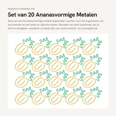 Dailygoods- Papierclips Ananasvorm - 20 Stuks - Lichtgewicht - Draagbaar - Kantoor Benodigdheden - Gegalvaniseerd IJzerdraad - Kantoorbenodigdheden