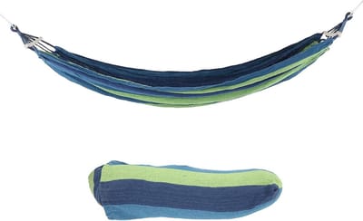 Campinghangmat - Reishangmat Stoffenhangmat - Ontspannen Buiten - Met Hardhouten Spreidstok - 240x150cm - Blauw met kleurstreep