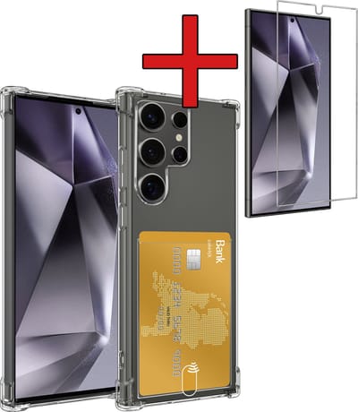 Hoesje - Geschikt voor Samsung Galaxy S24 Ultra - Met Screenprotector - Pashouder - Kaarthouder - Back Cover - Telefoon Hoes Shockproof - Siliconen Case - Shock Proof - Pasjes Houder - Telefoonhoes - Transparant
