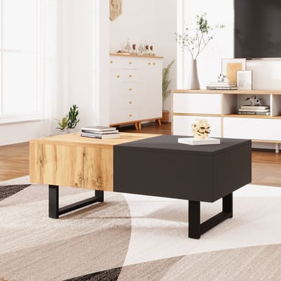 Wishdor verschuifbare salontafel 100×40×55 cm (uitgeschoven 155×40×55 cm) — verborgen opbergruimte, spanplaat met metalen frame, naturel/anthraciet