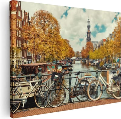 Artaza Canvas Schilderij Grachten Amsterdam - 40x30 cm - Klein - Wanddecoratie Herfst - Muurdecoratie Fiets - Kamer Accessoires Woonkamer