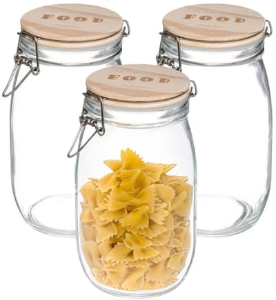 5Five Kitchen Weckpot / voorraadpot - 3x - 1,5 Liter - glas - houten deksel - beugelsluiting - luchtdicht