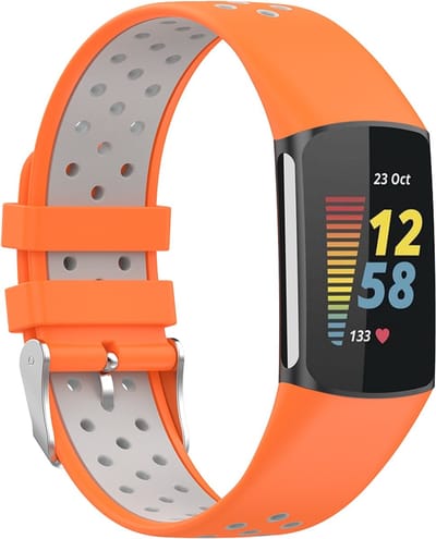 By Qubix - Compatible Fitbit bandje - Geschikt voor Fitbit Charge 5 - Fitbit Charge 6 Sportbandje met gesp - Oranje / grijs - Tweekleurig - Maat: L - Horlogeband - smartwatchbandje