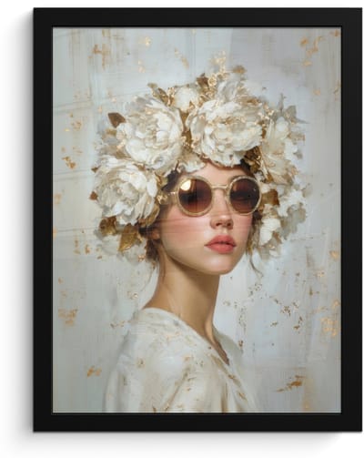 Poster in lijst - Fotolijst 30x40 cm - Posters - Schilderij - Vrouw - Zonnebril - Bloemenkrans - Posterlijst zwart - Decoratie - Wanddecoratie woonkamer - Muurdecoratie slaapkamer