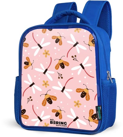 NoBoringSuitcases.com® - Rugzak blauw - Schooltas jongens - Lieveheersbeestjes en libellen op roze achtergrond - Kinder rugtas jongen - Boekentas kind - Kinderrugzak voor school - Schoolrugzak