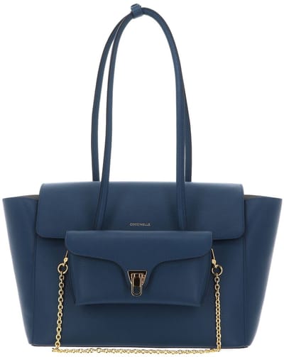 COCCINELLE Leren shopper schoudertas Double Beat Grained Leather Handbag Deep Blue blauw