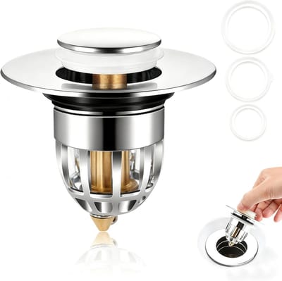 Universele Pop-Up Wastafelstop & Afvoerzeef voor Badkamer en Keuken (34-40 mm) - Zilver