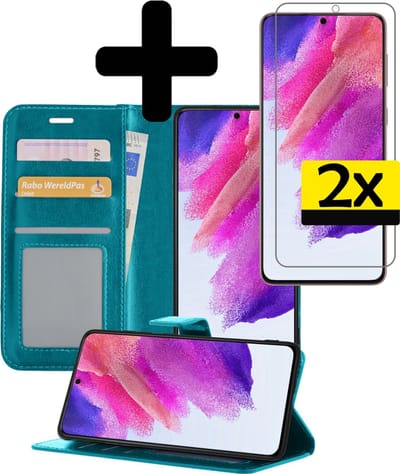 Hoesje - Met 2x Screenprotector - Geschikt voor Samsung Galaxy S21 FE - Luxe Pasjeshouder - Bookcase Portemonee - Flip Case - Kunstleer Book Case - Flipcase Hoes - Book Cover - Walletcase - Portemonneehoes - Telefoonhoesjes - Turquoise