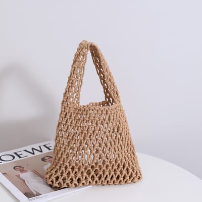Oneay Kleine gehaakte damestas (bruin), gebreide zomertas van mesh, strandtas, veelzijdige handtas, opbergtas voor buitenactiviteiten in de zomer