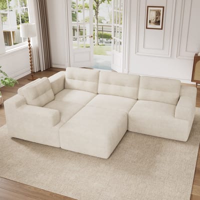 Moderne Hoekbank, 5-Zitsbank, L-Bank, U-Bank, Modulaire Combinatiebank, Flexibel Te Configureren Als L-Vorm Of U-Vorm, Frameloze Constructie Van Schuim, Geen Montage Nodig, Chenille Bekleding-Beige