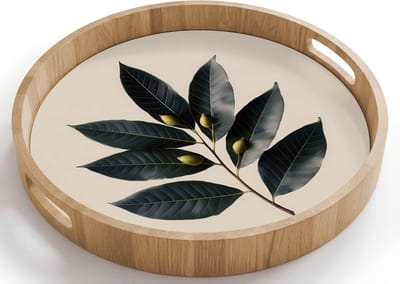 Dienblad rond 40x40 cm - Schootdienblad hout - Laurierbladeren - Bloemknoppen - subtiel - Borrelplank rechthoek - Plateau houten dienbladen