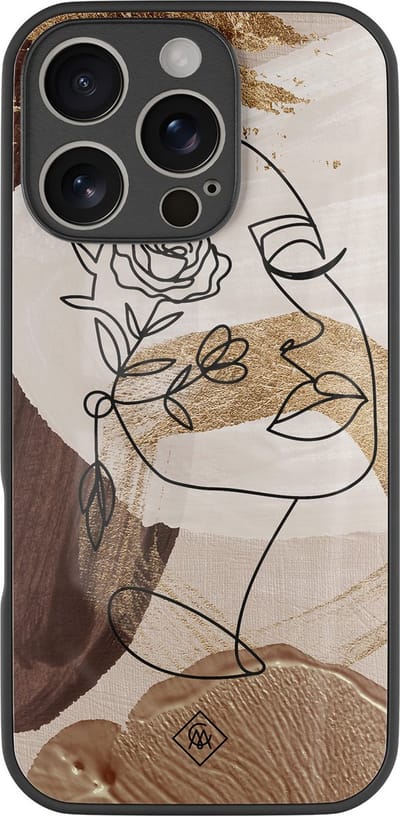 Casimoda® hoesje - Geschikt voor iPhone 16 Pro - Abstract Gezicht Bruin - Luxe Hard Case Zwart - Backcover telefoonhoesje - Bruin/beige