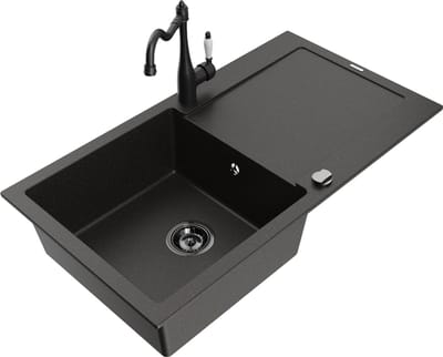 Mexen Leo granieten spoelbak met één bak en afdruiprek en keukenkraan Carla, zwart/goud metallic - 6501-75-670700-70-B