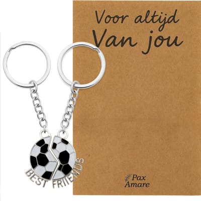 Koppel Sleutelhanger voor 2 'Voor altijd van jou' - Magnetische Voetbal - Sleutelhanger set op Cadeau Kaartje - Zilverkleurig - Persoonlijke Hanger - Pax Amare