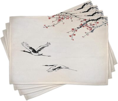 ABAKUHAUS Vogels Placemats, Kersenboom in de lente, Digitale Print op wasbare Stof Tafeldecoratie Keuken, Roodgrijze Ecru
