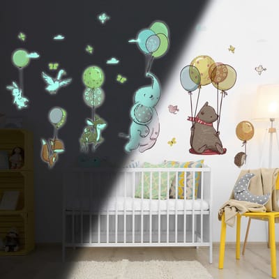 Lichtgevende sticker - DIEREN EN BALLONNEN IN DE LUCHT - Fluorescerende muur-/plafondsticker voor kinderen - 80x60cm