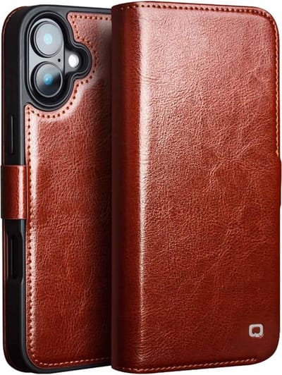 QIALINO Hoesje - Geschikt voor iPhone 16 Hoesje - QIALINO Genuine Leather Book Case - Echt Leder - Bruin