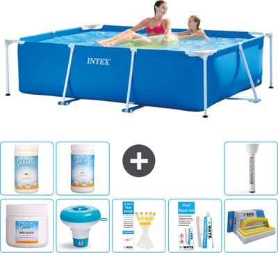 Intex Rechthoekig Frame Zwembad - 220 x 150 x 60 cm - Blauw - Inclusief Chloor - Chloordrijver - Testrips - Reparatiesetje - Scrubborstel - PH-min - PH-plus - Thermometer - 9-delig