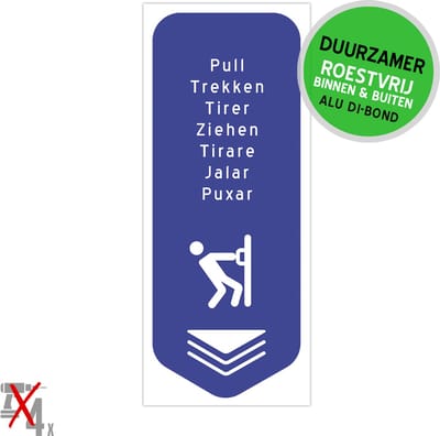 Deurbord/ Dibond | "Trekken + 6 andere talen | 10 x 20 cm | Bord | Deuren | Pull | Internationaal | Duurzaam | Roestvrij | 1 stuk