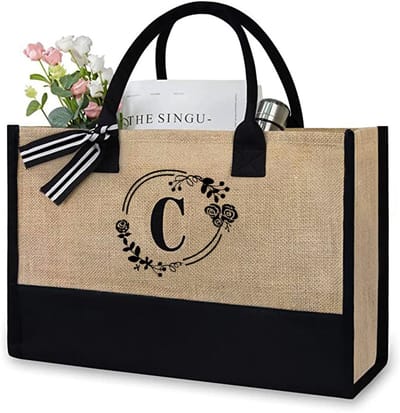 Dailygoody - Katoenen jute draagtas - Herbruikbare boodschappentas - Duurzaam en stijlvol - 43 x 32 x 17 cm - Gepersonaliseerde bloemen letters - Gesc...