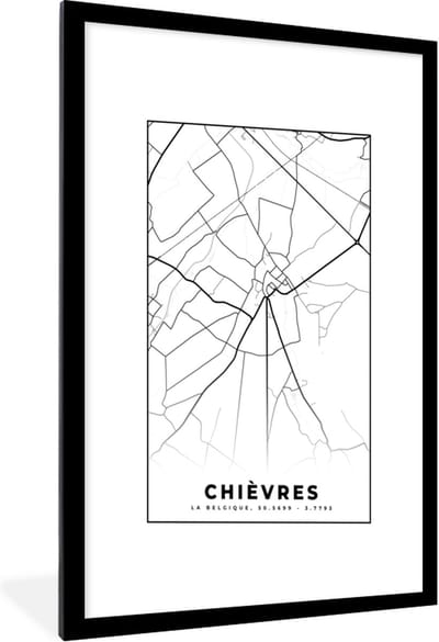 Fotolijst incl. Poster Zwart Wit- Kaart – Plattegrond – Stadskaart – Chièvres – België – Zwart Wit - 60x90 cm - Posterlijst