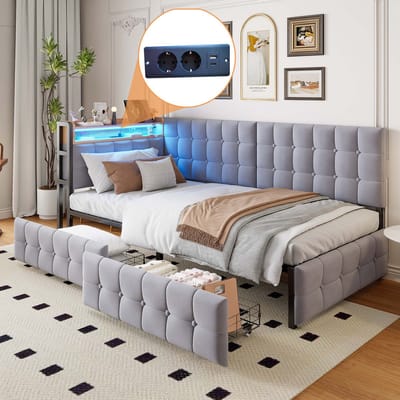 DESMIU Gestoffeerd Bed 90x200cm – Slaapbank Met Verstelbare Ledverlichting En Oplaadpunt – Hoofdeinde Met Opbergruimte En 2 Laden – Voor Logeerkamer En Studio – Stof En Metaal – Grijs – Zonder Matras