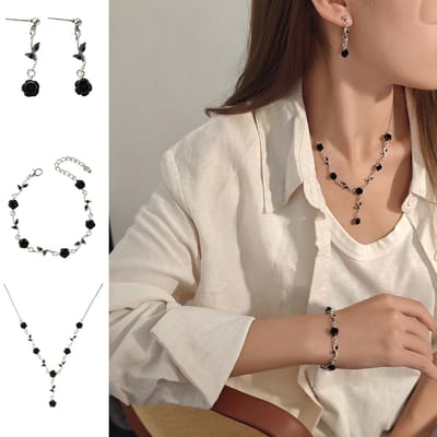 Sieradenset/Black Knight Rose oorbel armband ketting set/Retro licht luxe elegante set