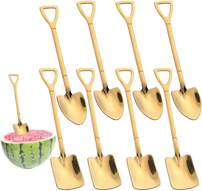 Set van 8 RVS Lepel in Scoopvorm met Gouden Afwerking voor Dessert, IJs, Warme Dranken en Chocolade