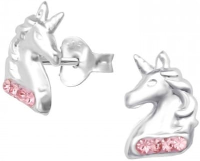 Joy|S - Zilveren eenhoorn oorbellen - unicorn - 6 x 9 mm - kristal roze