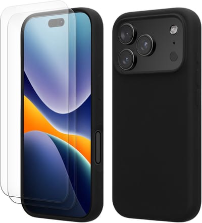 kwmobile hoes met 2x screenprotectors voor Apple iPhone 18 Pro / iPhone 17 Pro – screenprotector van gehard glas – draadloos opladen – zwart
