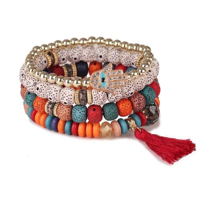 Boze Oog Kwastje Armband Set Voor Vrouwen Kristal Fatima Hand Charme Steen Kralen Ketting Bangle Vrouwelijke Boheemse Sieraden Gift