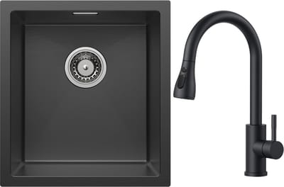 CECIPA max Spoelbak Keuken 40x44cm - Spoelbakken Keuken Met Keukenkraan met Uittrekbare Uitloop - Enkele spoelbak - Spoelbakken met afdruip - Antraciet - RVS