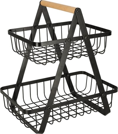 Trendmix 2-laags fruitschaal – Zwart metaal met houten handvat – Etagère – Groente- en fruitmand – Organizer voor keuken, badkamer & woonkamer