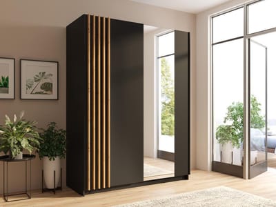 Vente-unique Kast met 2 schuifdeuren - Met spiegel - L150 cm - Zwart en houteffect - CALELA