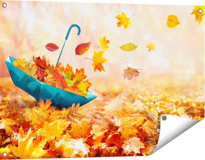 Gards Tuinposter Blauwe Paraplu in de Herfstbos met Bladeren - 90x60 cm - Tuindoek - Tuindecoratie - Wanddecoratie buiten - Tuinschilderij