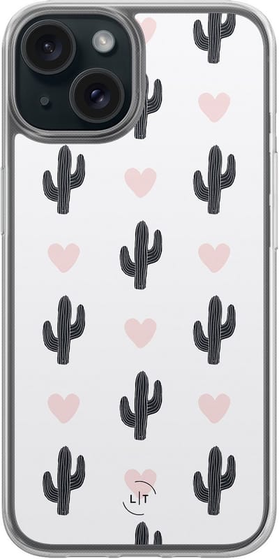 Hoesje geschikt voor iPhone 15 - Cactus hartjes - 2in1 backcover - Planten - Wit - Leuke Telefoonhoesjes