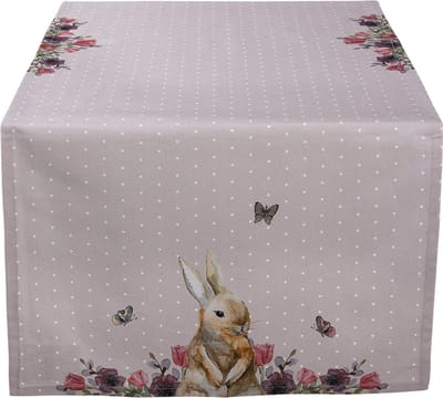 Clayre & Eef Tafelloper 50x140 cm Beige Roze Katoen Konijn Bloemen