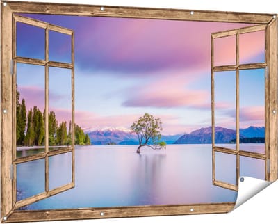 Gards Tuinposter Doorkijk Wanaka Boom in het Water bij Zonsopgang - 150x100 cm - Tuindoek - Tuindecoratie - Wanddecoratie buiten - Tuinschilderij