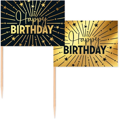 50 Vlagprikkers goud / zwart ' Happy Birthday ' - Golden Celebrations - Hapjes Cocktailprikkers Tapas Prikkers Feestje