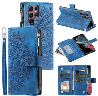 Telefoonhoesje geschikt voor Samsung Galaxy S26 Ultra 5G - Portemonnee met rits - book-case hoesje - ruimte voor 8 pasjes - mandala blauw