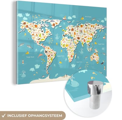 ® Glasschilderij 150x100 cm - Schilderij acrylglas - Wereldkaart - Kinderen - Dieren - Kind - Jongens - Meiden - Foto op glas - Muurdecoratie woonkamer - Wanddecoratie slaapkamer - Schilderijen