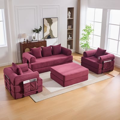 MODENUIT Bankstel 200 cm - Modulair Met Hocker en Opbergvak - Voor Woonkamer en Appartement - Ribstof Wijnrood