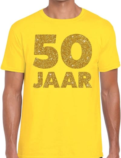50 Jaar verjaardag - gouden glitters tekst - t-shirt - geel - heren - korte mouwen - Abraham pop kleding S