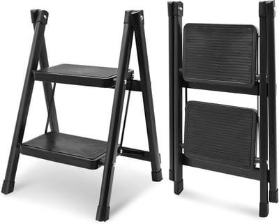 Trapladder 2 treden inklapbaar ruimtebesparend antislip pedalen draagbare kruk thuis keuken buiten zwart.